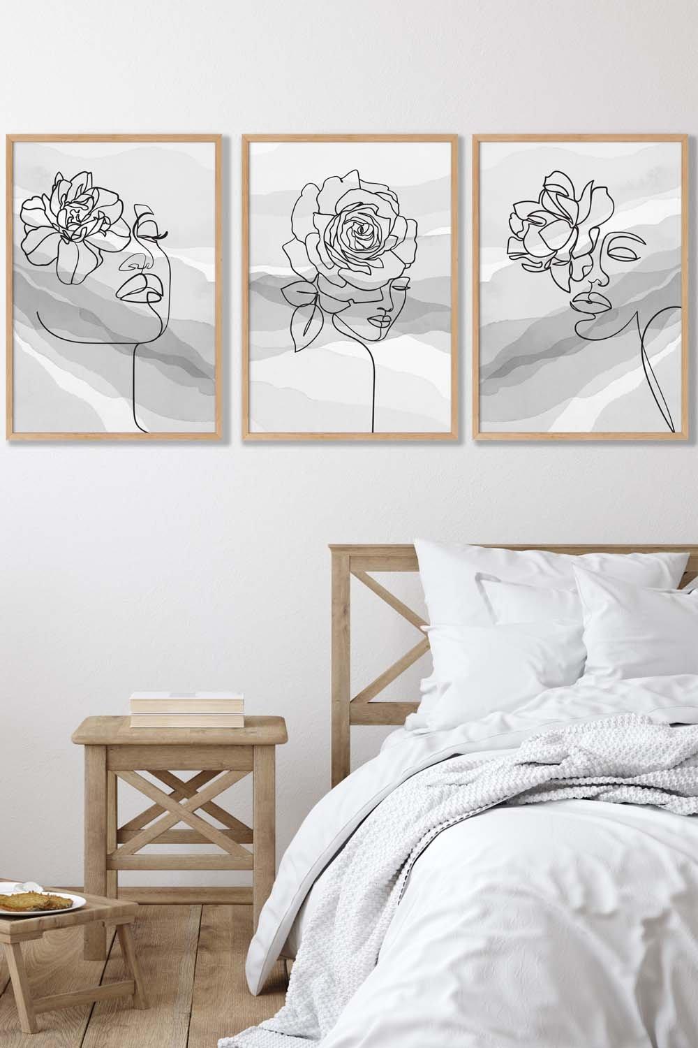 Set of 3 Oak Framed Female Line Art Floral Faces on Grey Wall Art